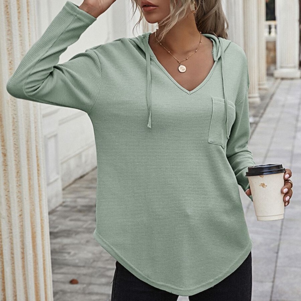 Cozy Blush v neck waffle knit long sleeve hoodie top - Picture 4 of 9